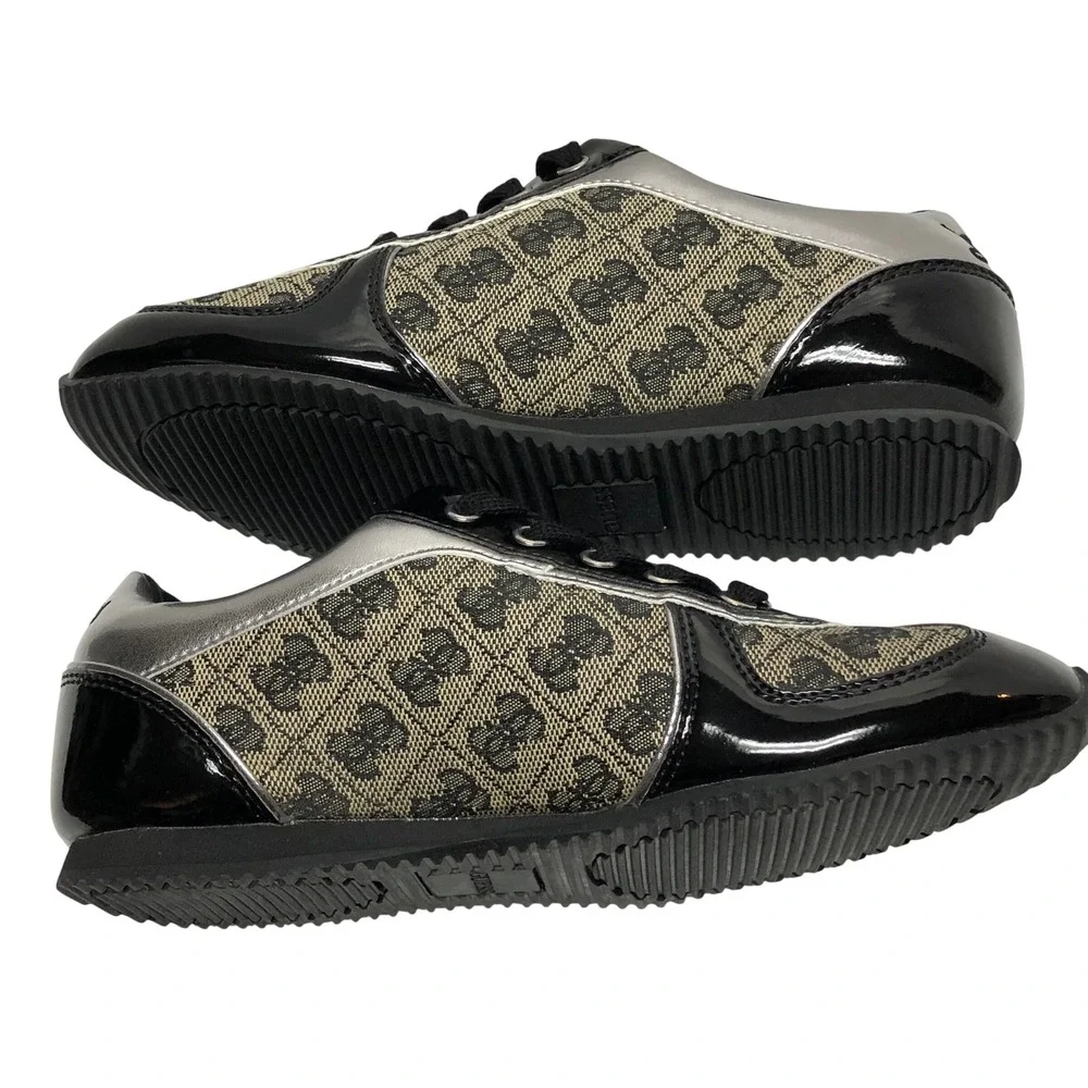 Guess Womens Logo Jacquard Sneakers Black Patent Leather Lace Up Shoes 5 NIB
